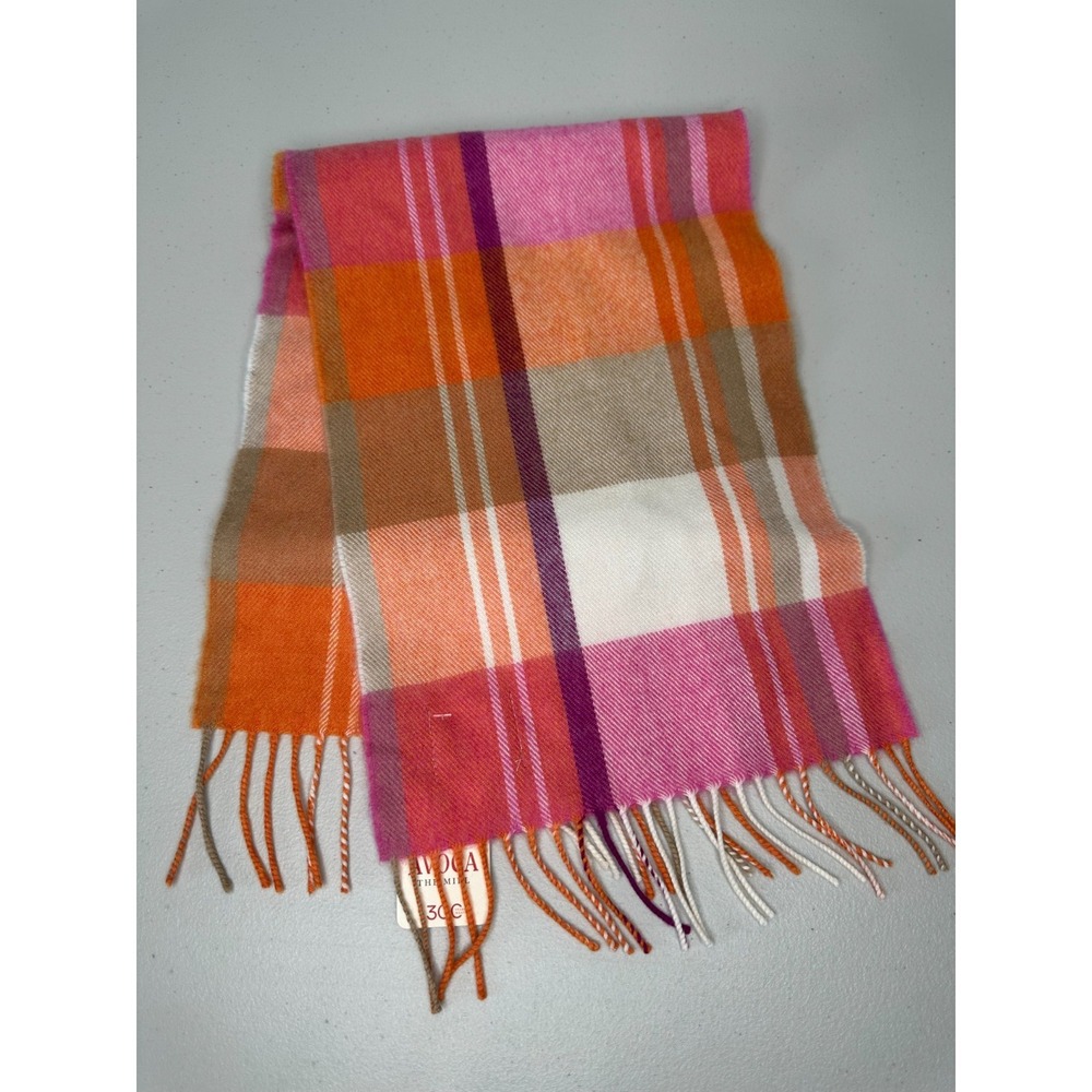 Avoca The Mill Ireland Pure New Wool‎ Scarf Plaid Fringe Orange Pink
